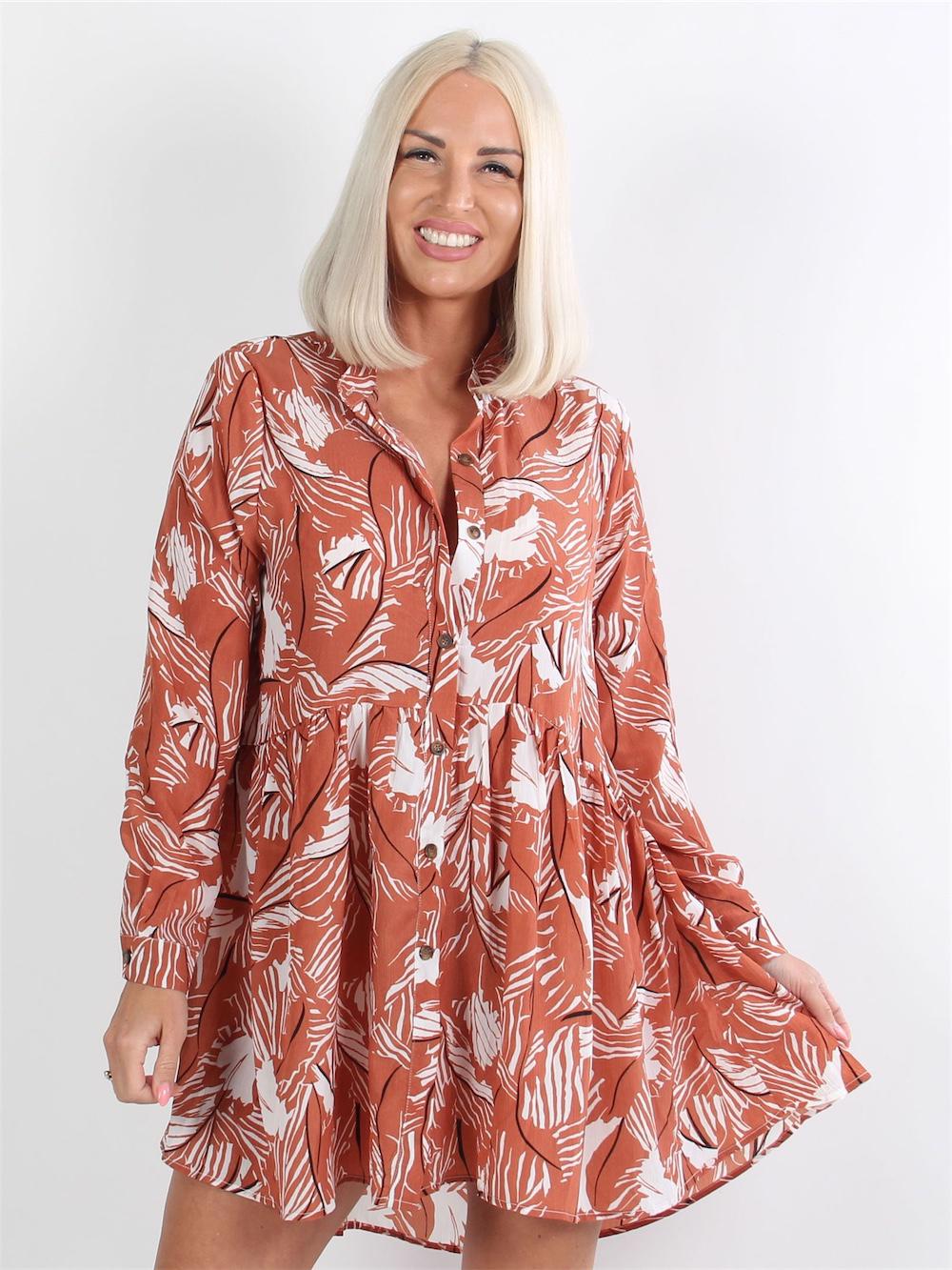 Ema - Armygrøn skjortekjole med hvid palmebladsmønster